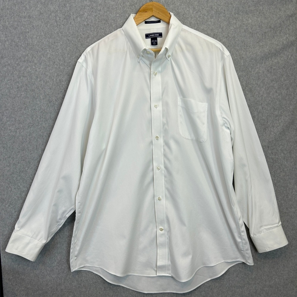 Lands End Dress Shirt White No Iron Pinpoint Oxford Supima Cotton Mens 17.5 35
